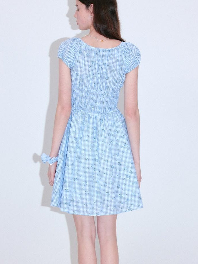 fano Sweet High Waist Puff Sleeve A Line Floral Square Neck Poly Cotton Midi Dresses