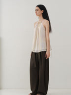 someonesometimes Minimalist Work Natural Waist Button Tea Brown Stretch Wide Leg Pants