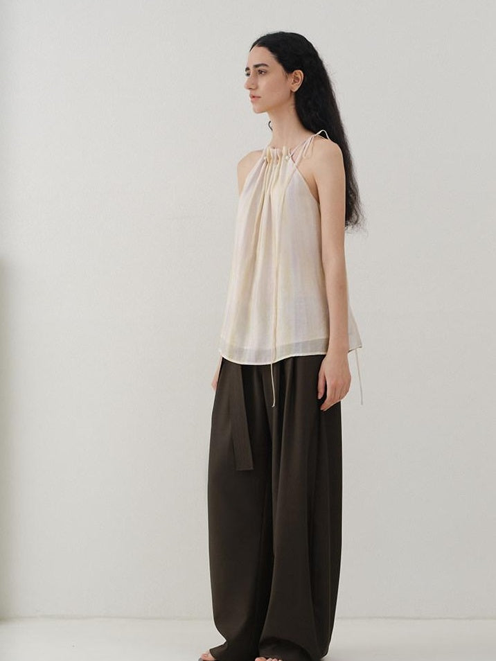 someonesometimes Minimalist Work Natural Waist Button Tea Brown Stretch Wide Leg Pants