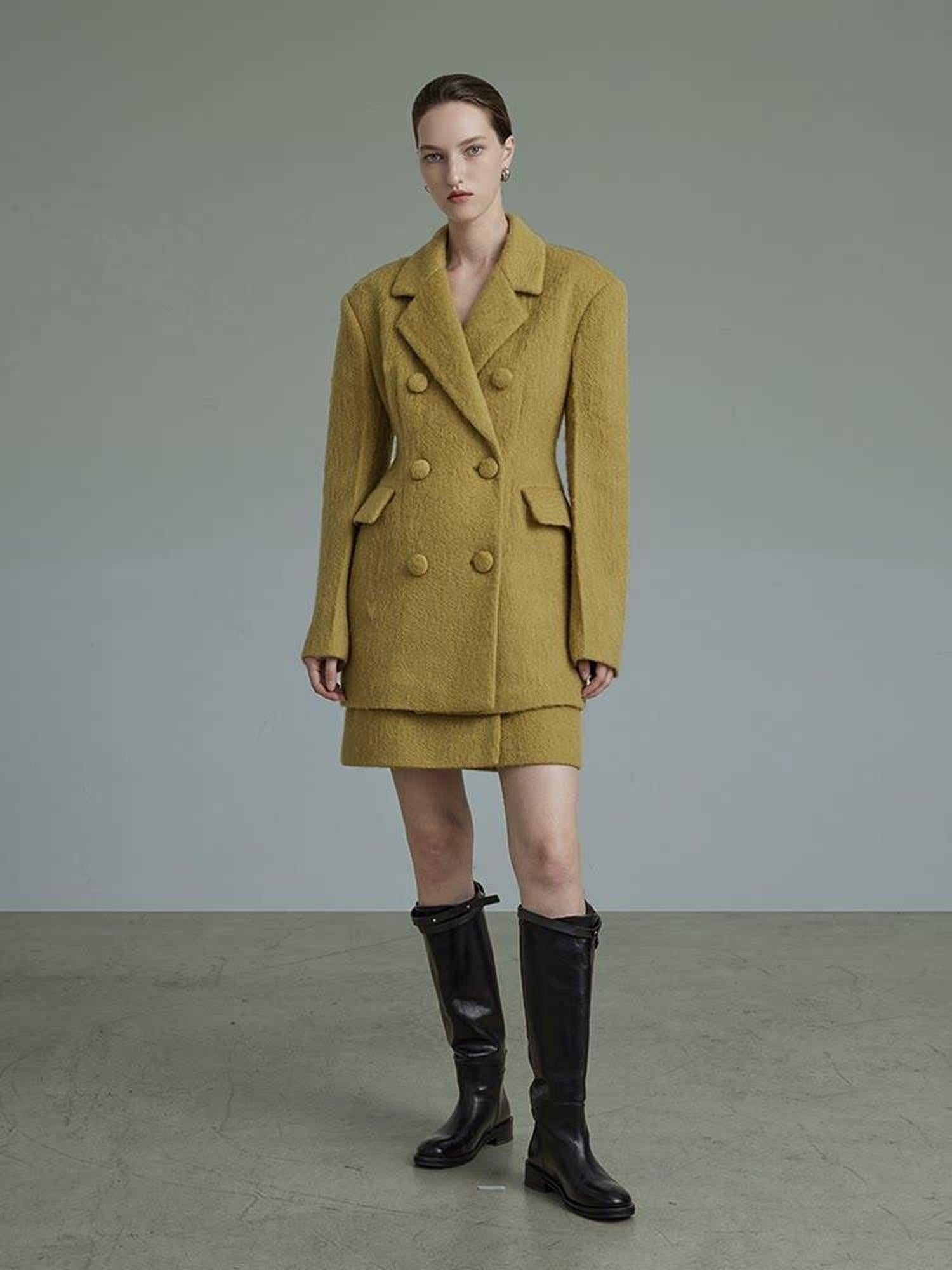 unspoken Soft Wool Double Breasted Tailored Straight Fit Mustard Yellow Blazers