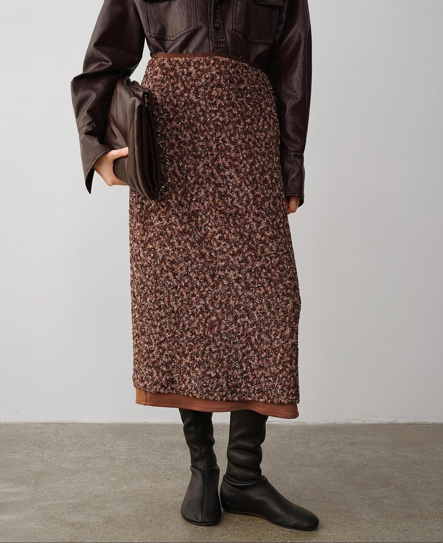 audreyyang Stretch Sculpting Mid Waist Pencil Slim Fit Brown Women Polyester Maxi Skirts
