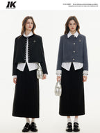 ikyou High Waist Embroidered A Line Casual Commuter Black Polyester Midi Skirts