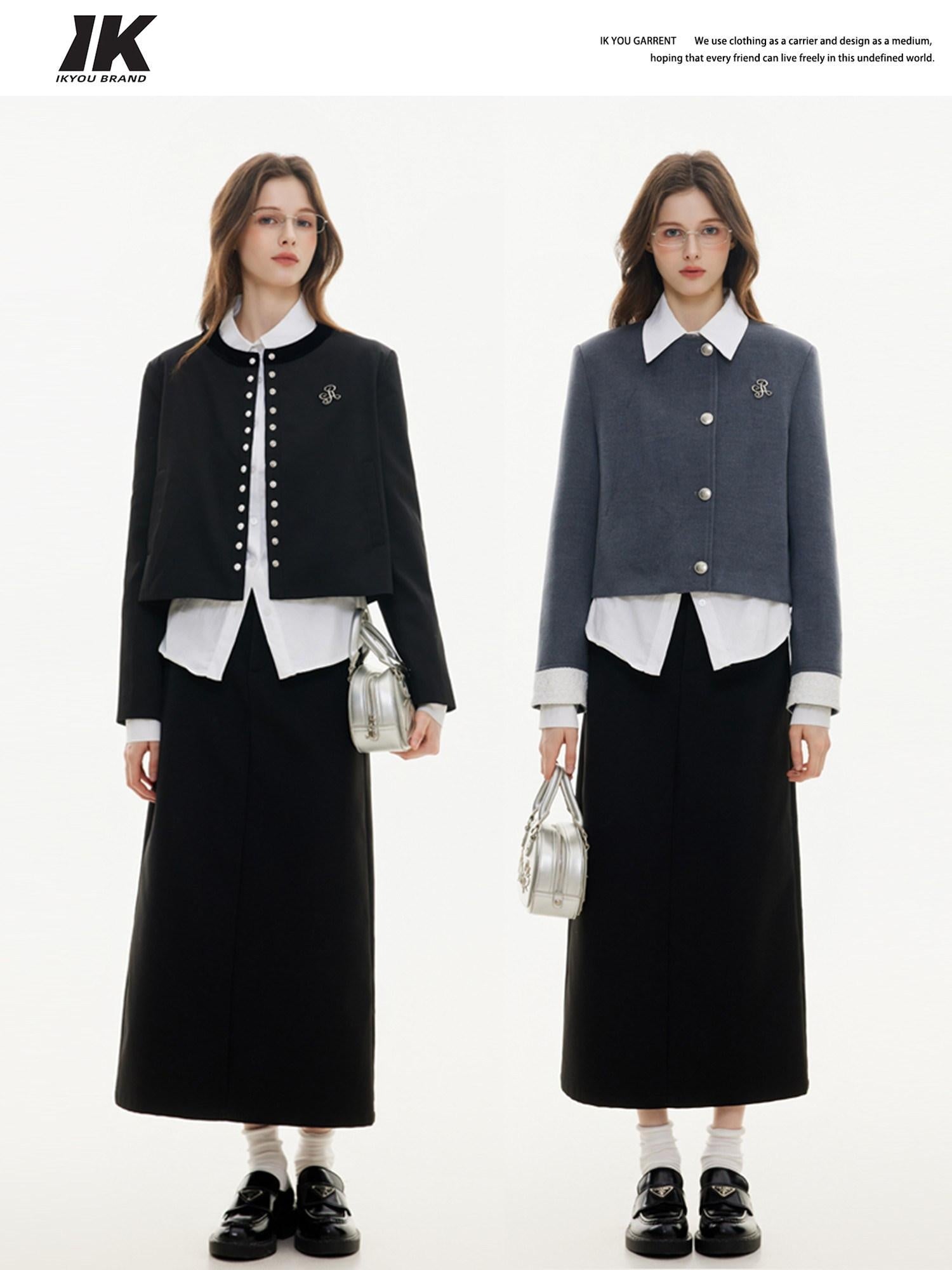 ikyou High Waist Embroidered A Line Casual Commuter Black Polyester Midi Skirts