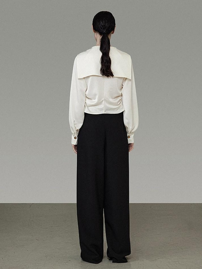 unspoken Cream Polyester Sailor Collar Button Front Loose Fit Office Minimalist Blouses