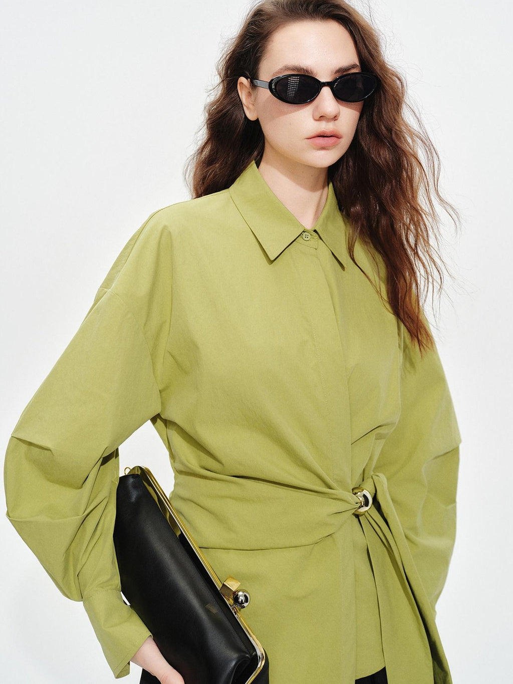 audreyyang Shape Retaining Casual Relaxed Tie Drop Shoulder Women Cotton Blend Shirts