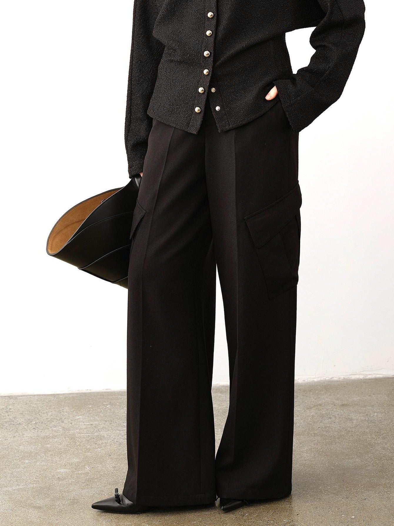 audreyyang High Waist Korean Workwear Black Polyester Viscose Wide Leg Pants