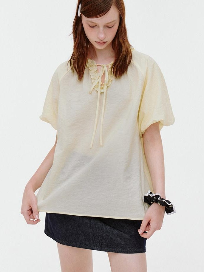 fano Yellow Tie Front Viscose Linen Blend Relaxed Korean Short Sleeve Women Blouses
