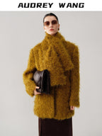 audreyyang Thick Mohair Blend Commuter V-neck For Women Solid Mustard And Grape Wool Coats