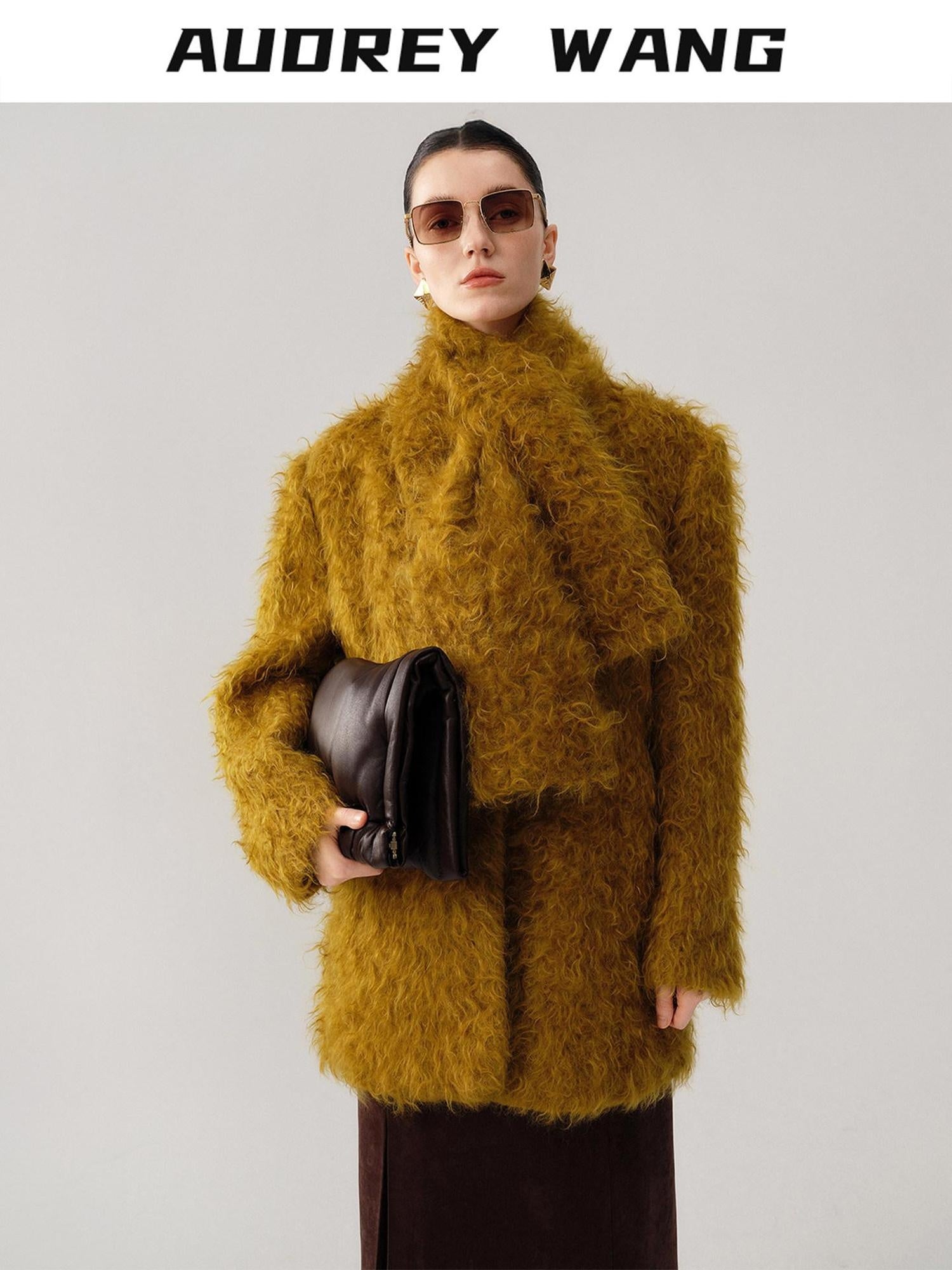 audreyyang Thick Mohair Blend Commuter V-neck For Women Solid Mustard And Grape Wool Coats