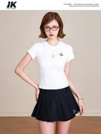 ikyou Pure Cotton Embroidered Slim Fit Short Sleeve Crew Neck Casual Basic Crop Tops