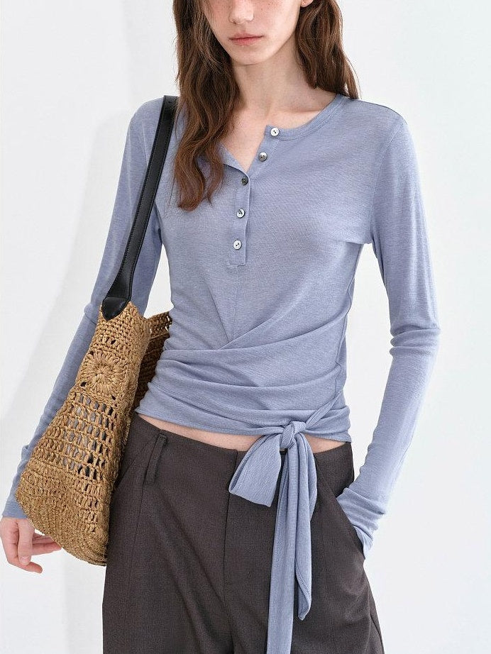 fano Soft Lyocell Blend Slim Fit Office Tee For Women Haze Blue Long Sleeve T-Shirts