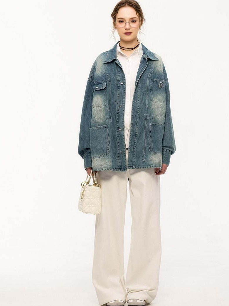 ikyou Shape Retaining Vintage Loose 3D Detail Women Midlength Blue Denim Jackets