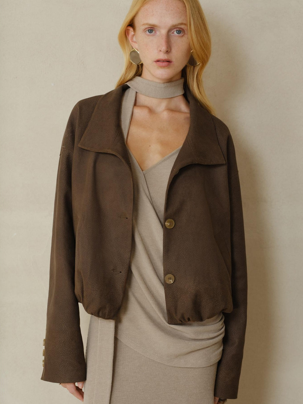 someonesometimes Stretch Polyester Vintage Loose Short Zip Women Coffee Brown Cropped Jackets