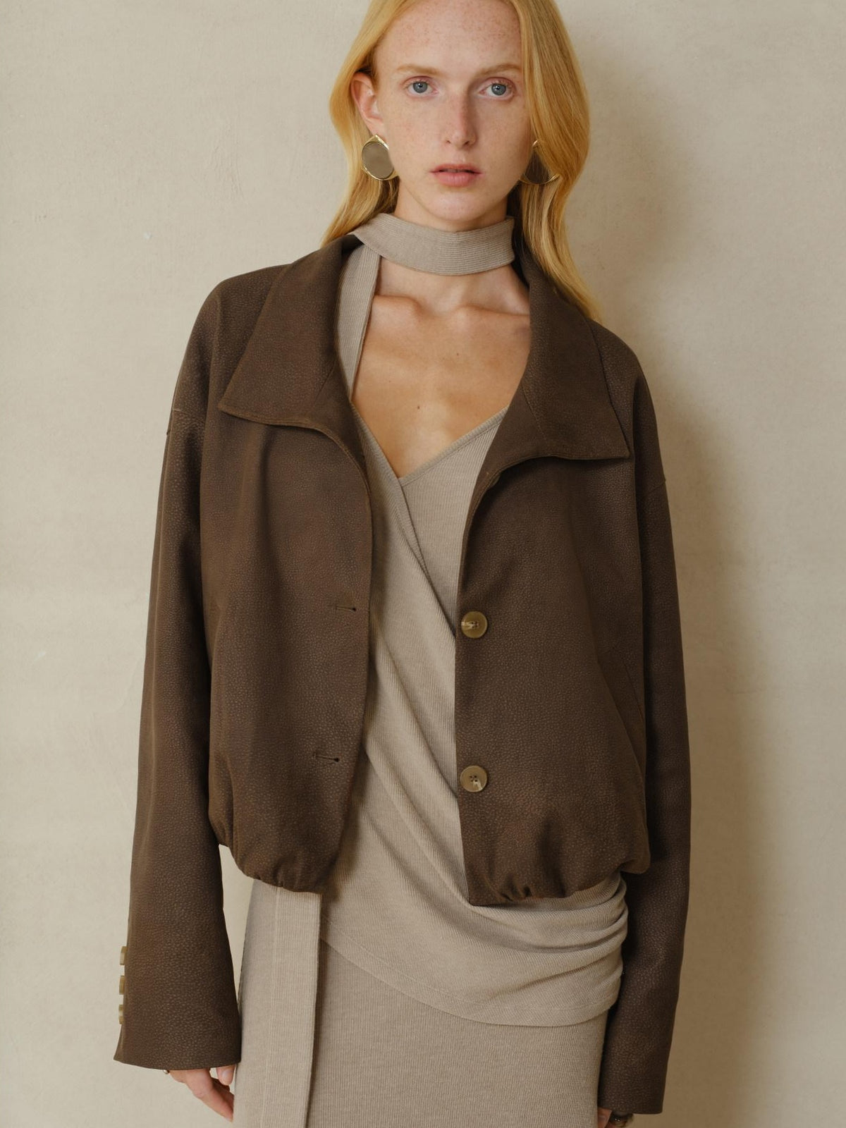 someonesometimes Stretch Polyester Vintage Loose Short Zip Women Coffee Brown Cropped Jackets