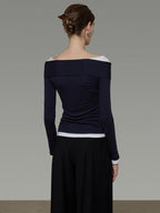 unspoken Slim Colorblock One Shoulder V-neck Casual Knitted Pullover Women Blouses