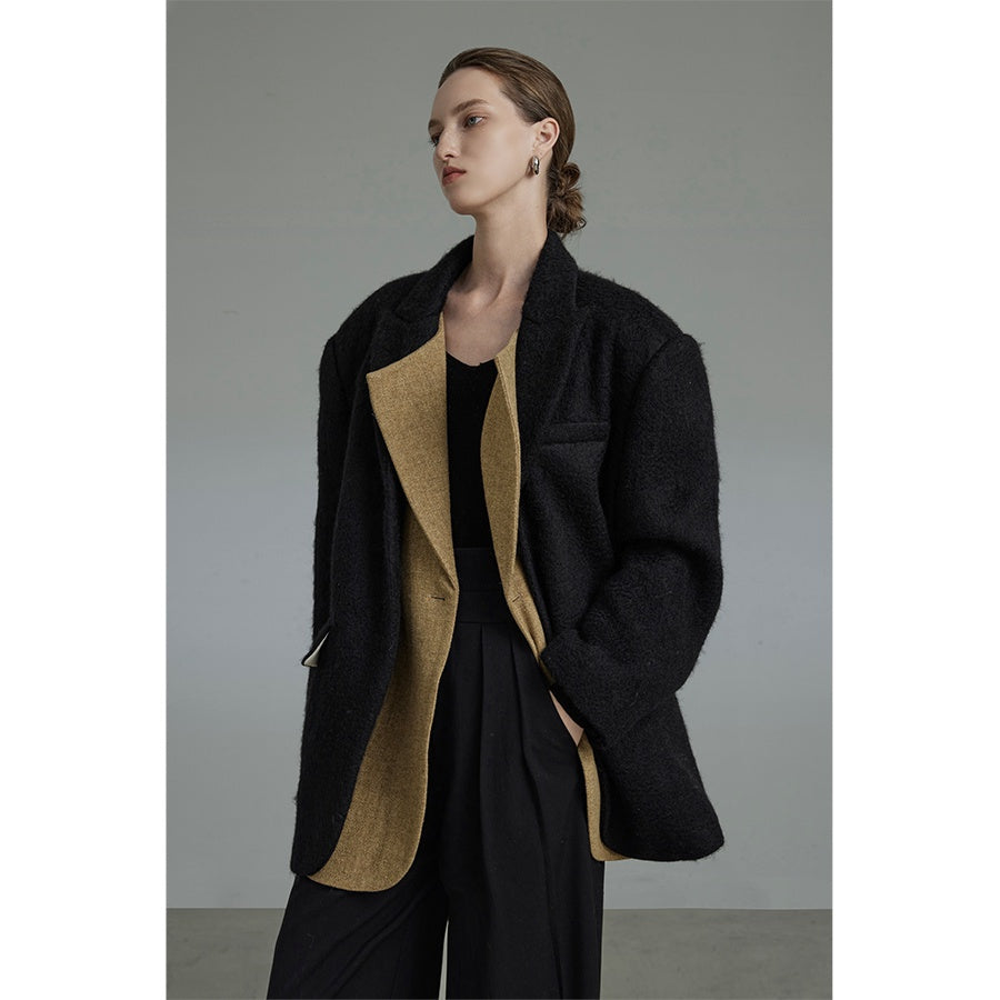 unspoken_Original_Thick_Loose_Fit_Single_Breasted_Commuter_Women_Mustard_Black_Blazers_MISSTT
