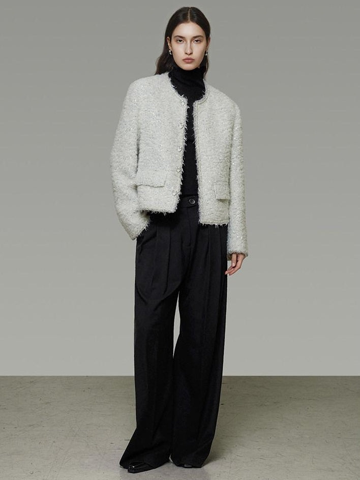 unspoken Lambswool Minimal Commuter Loose Single Button Round Neck Women Cropped Jackets