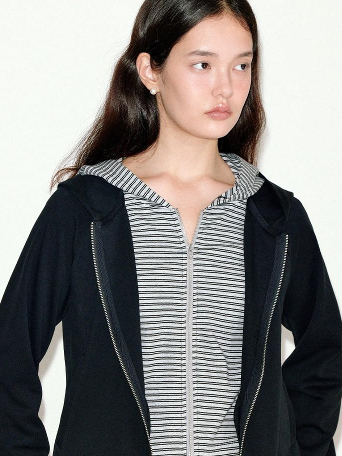 fano Striped Faux Two Piece Loose Fit Commuter Women Black Cotton Blend Hoodie
