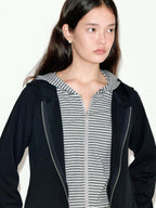 fano Striped Faux Two Piece Loose Fit Commuter Women Black Cotton Blend Hoodie