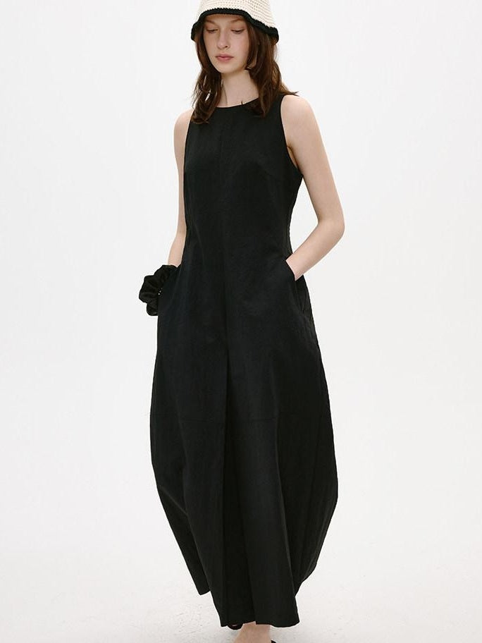 fano Breathable Cotton Blend Sleeveless A Line Korean Workwear Black Maxi Dresses