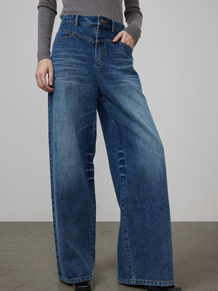 unspoken High Waist Washed Durable Denim Blue Loose Versatile Cotton Wide Leg Jeans