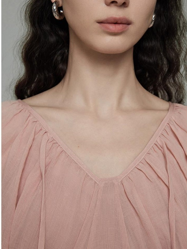 unspoken Breathable Linen Lyocell Blend Minimal A Line V-neck Pleated Women Maxi Dresses