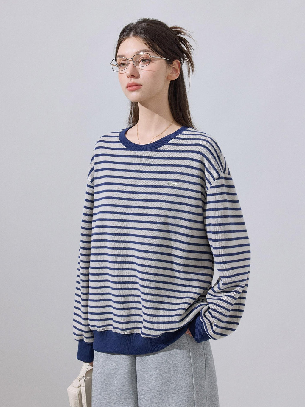 ikyou Soft Cotton Blend Loose Fit Striped Pullover Women Blue Gray Sweaters