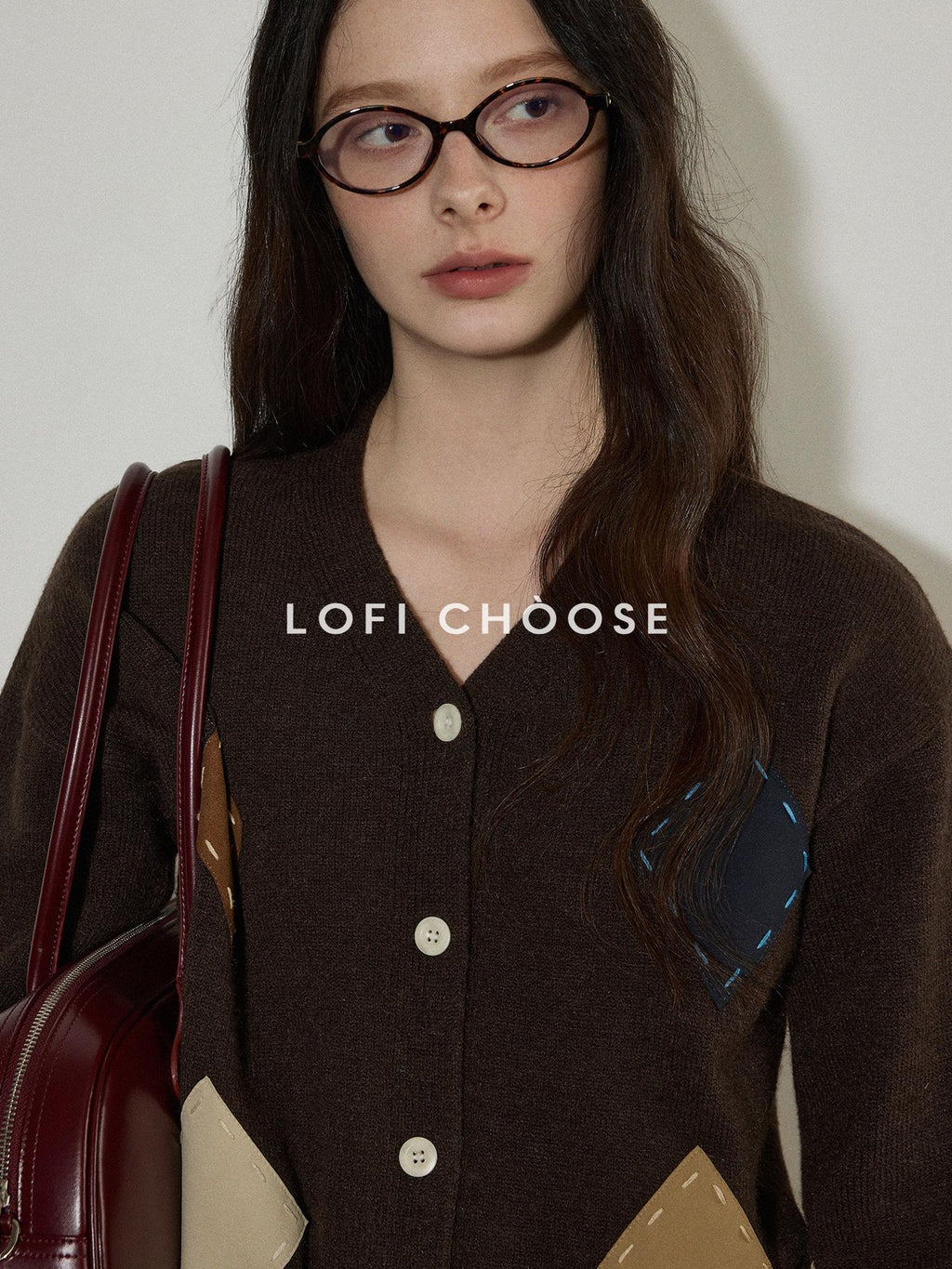 Lofi choose Wool Blend Colorblock Loose V-neck Women Workwear Argyle Button Knit Cardigans