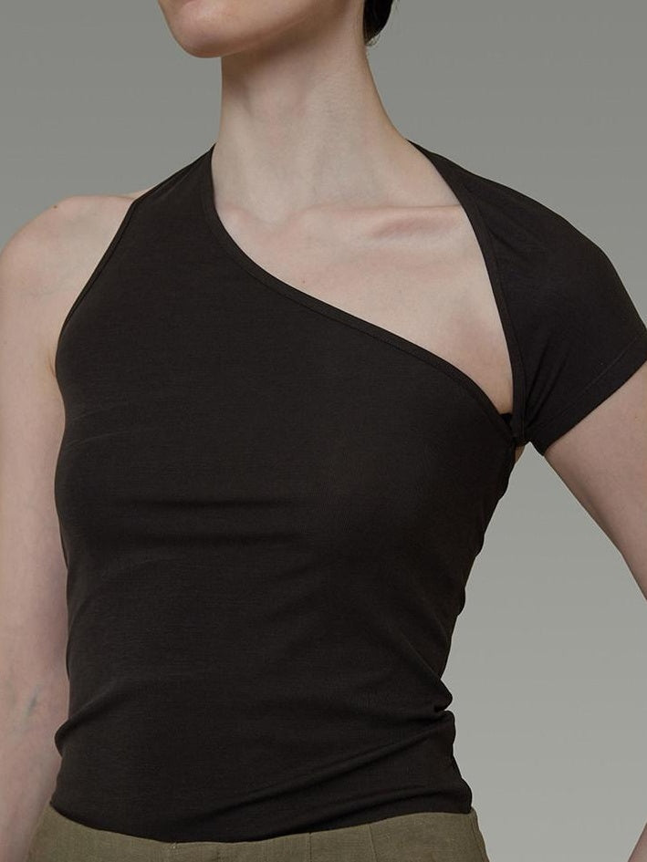 unspoken Soft Lyocell Asymmetric Neck Fitted Stone Green Off Shoulder Crop Tops