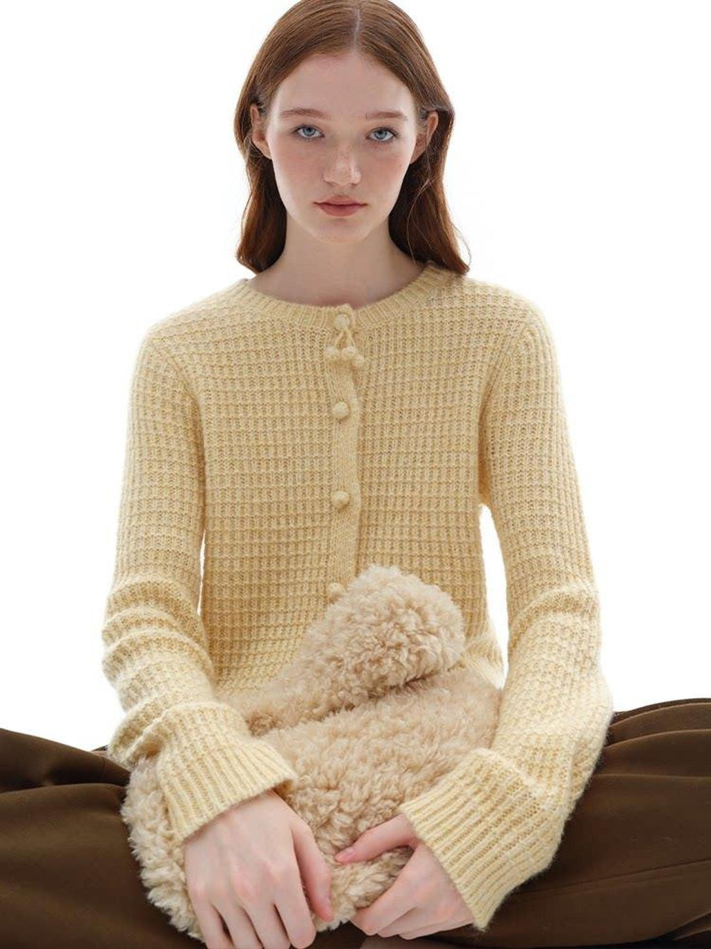 someonesometimes Soft Alpaca Blend Commuter Artsy Crew Neck Button Long Sleeve Cream Cardigans
