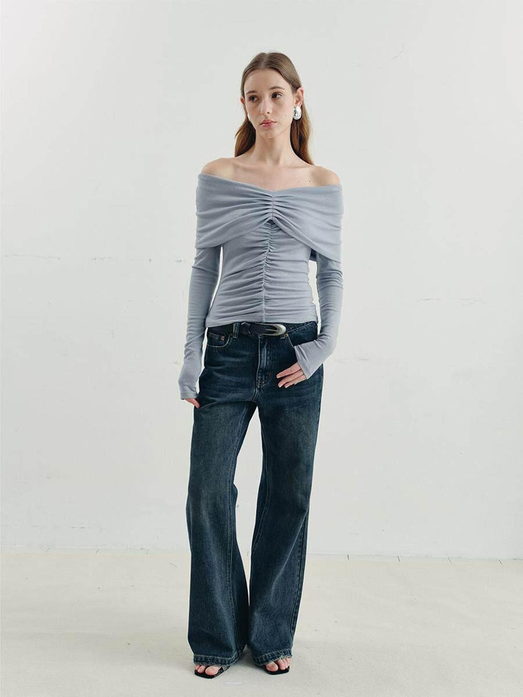 someone sometimes Soft Mist Blue Viscose Blend Slim Fit Round Neck Women Long Sleeve T-Shirts