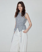 fano 100% Cotton Plaid Slim Fit Button Front Commuter Women Off Shoulder Crop Tops