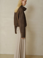 someonesometimes Stretch Polyester Vintage Loose Short Zip Women Coffee Brown Cropped Jackets