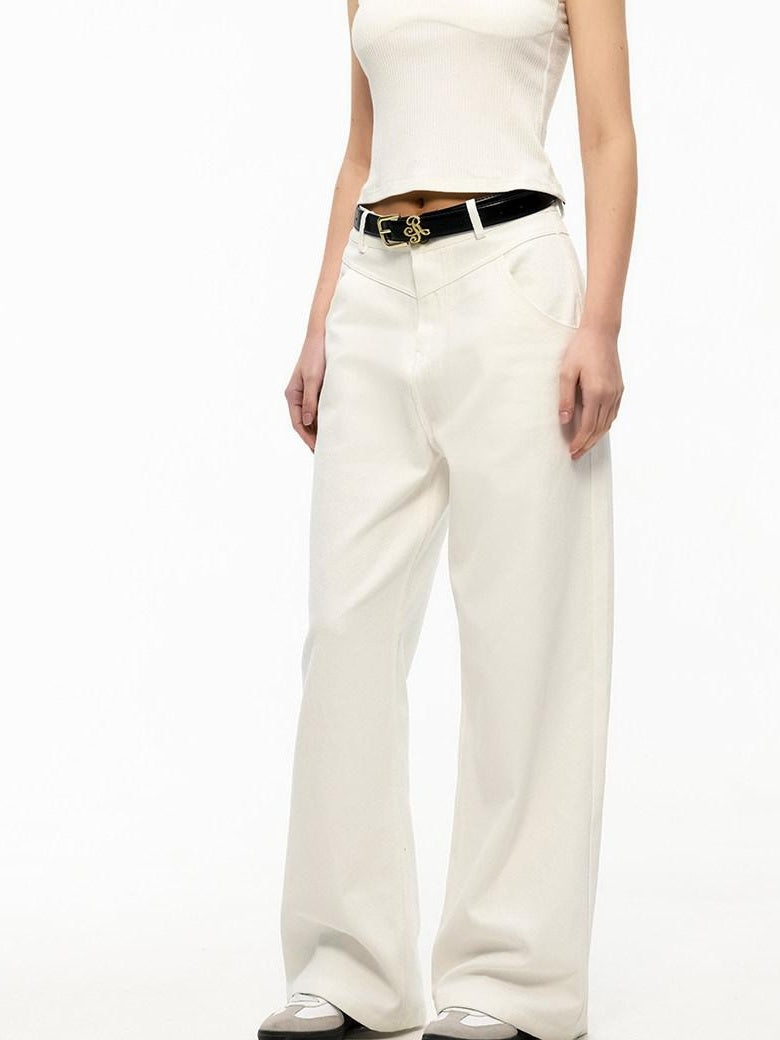 ikyou Durable Brushed Denim Natural Waist Loose Women Casual White Wide Leg Jeans