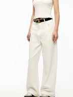 ikyou Durable Brushed Denim Natural Waist Loose Women Casual White Wide Leg Jeans