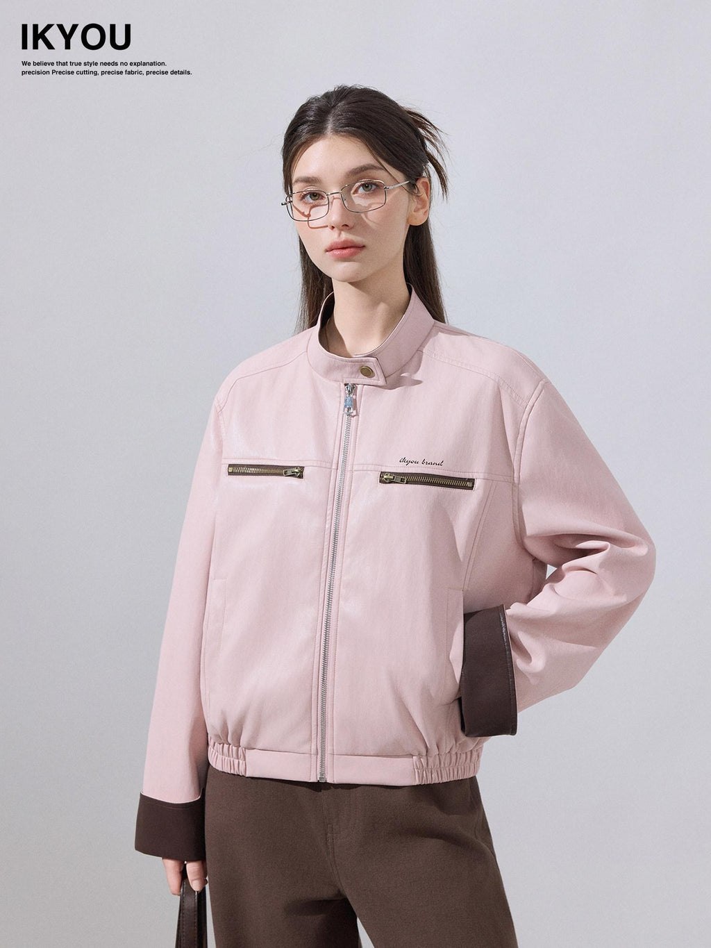ikyou Colorblock Zip Stand Collar Stretch Cotton Casual Women Cropped Jackets
