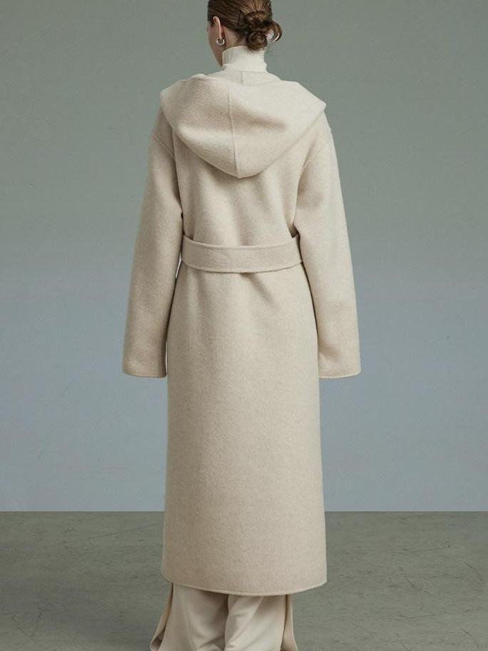 unspoken Premium 90 Wool 10 Alpaca Hooded Minimal Straight Long Oatmeal Wool Coats