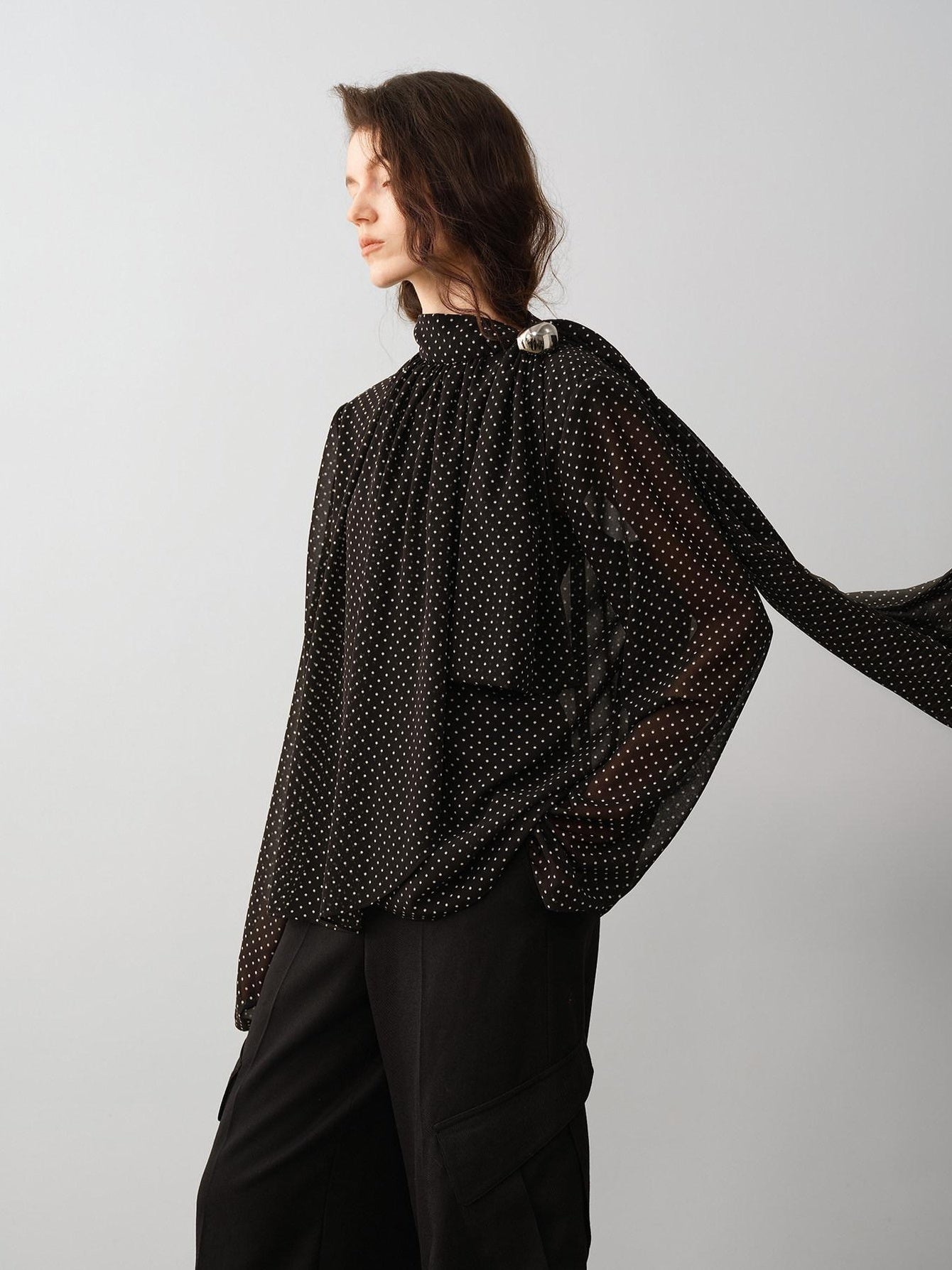 audreyyang Shape Retaining Loose Fit Stand Collar Long Sleeve For Women Polka Dot Blouses