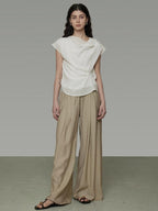 unspoken High Waist Pleated Elastic Workwear Khaki Viscose Wide Leg Pants
