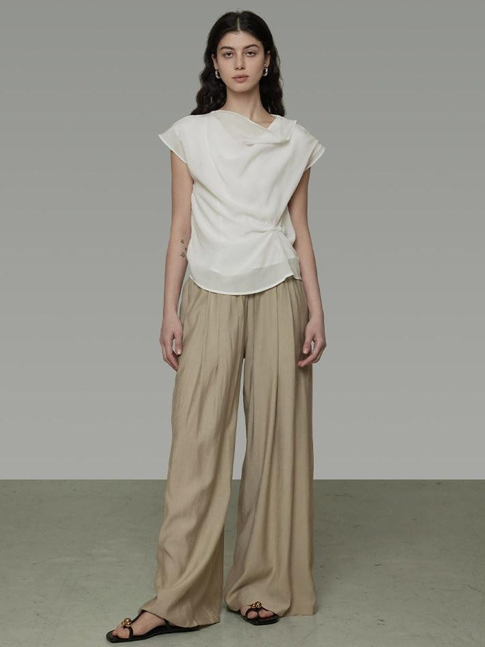 unspoken High Waist Pleated Elastic Workwear Khaki Viscose Wide Leg Pants
