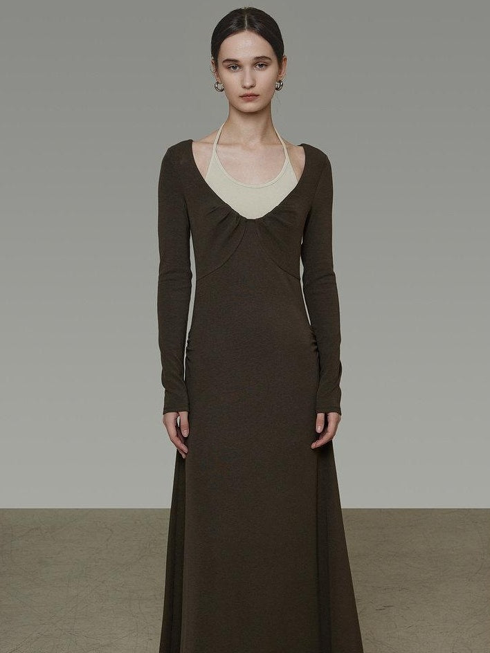 unspoken Breathable Viscose Halter High Waist A Line Knit Office Women Maxi Dresses