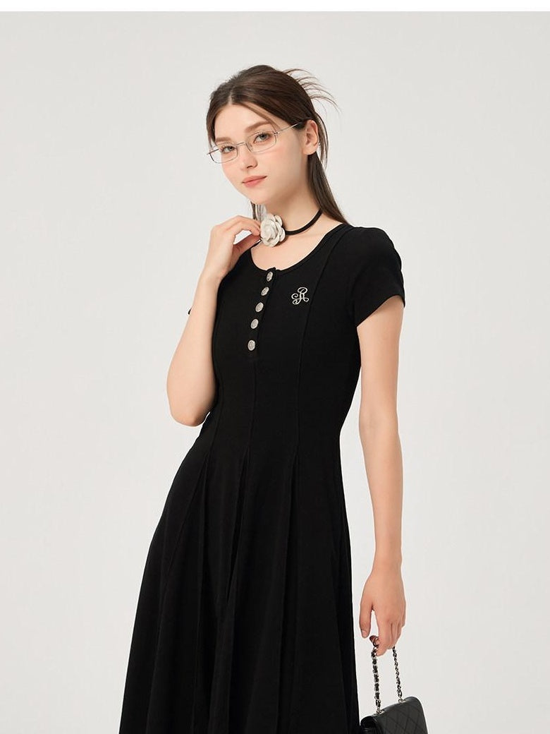 ikyou Soft Stretch Cotton Cinched Waist A Line U Neck Short Sleeve Black Maxi Dresses