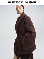 audreyyang Warm 90% Duck Down Loose Casual Stand Collar Women Chocolate Brown Down Jackets