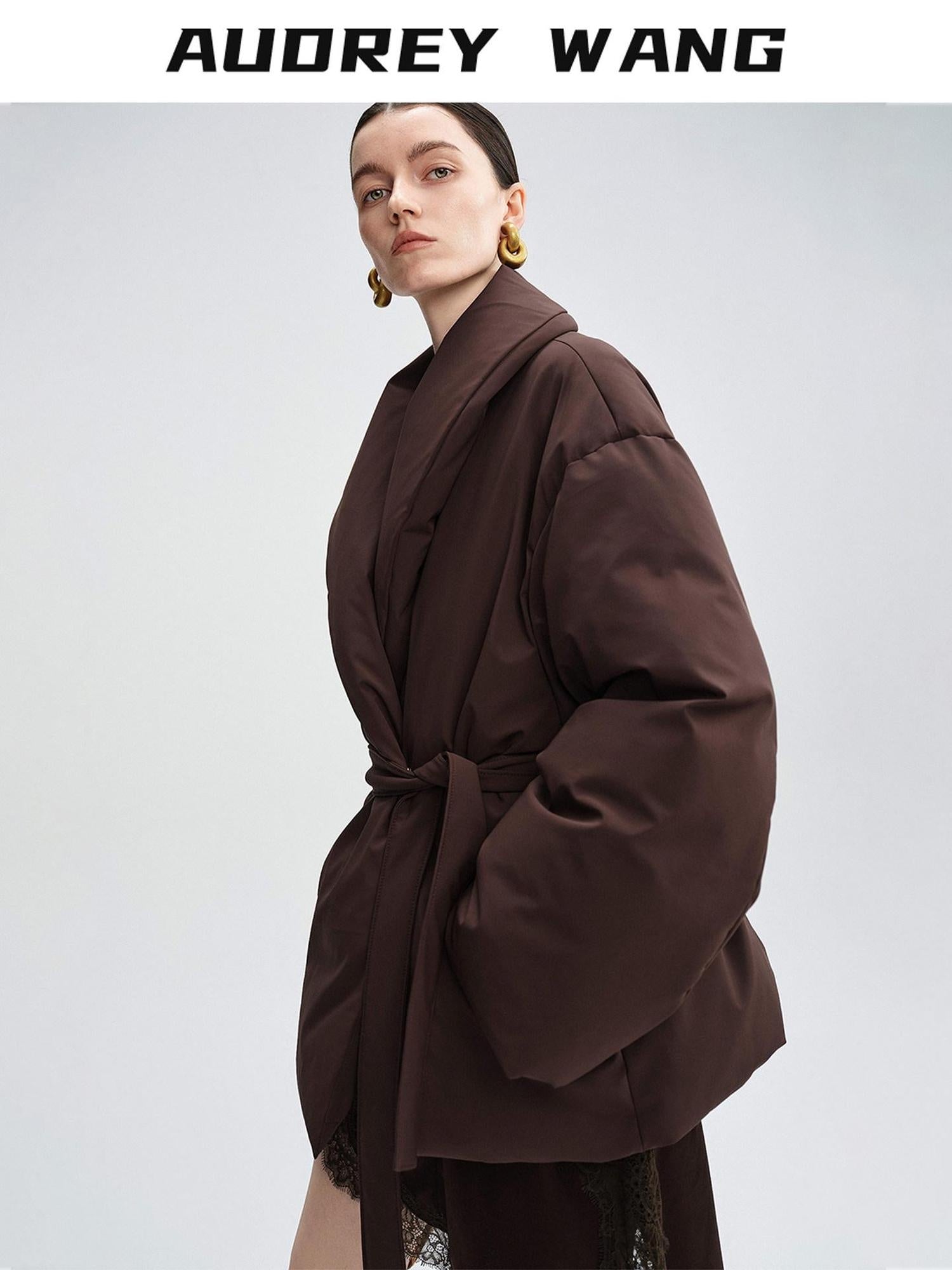 audreyyang Warm 90% Duck Down Loose Casual Stand Collar Women Chocolate Brown Down Jackets