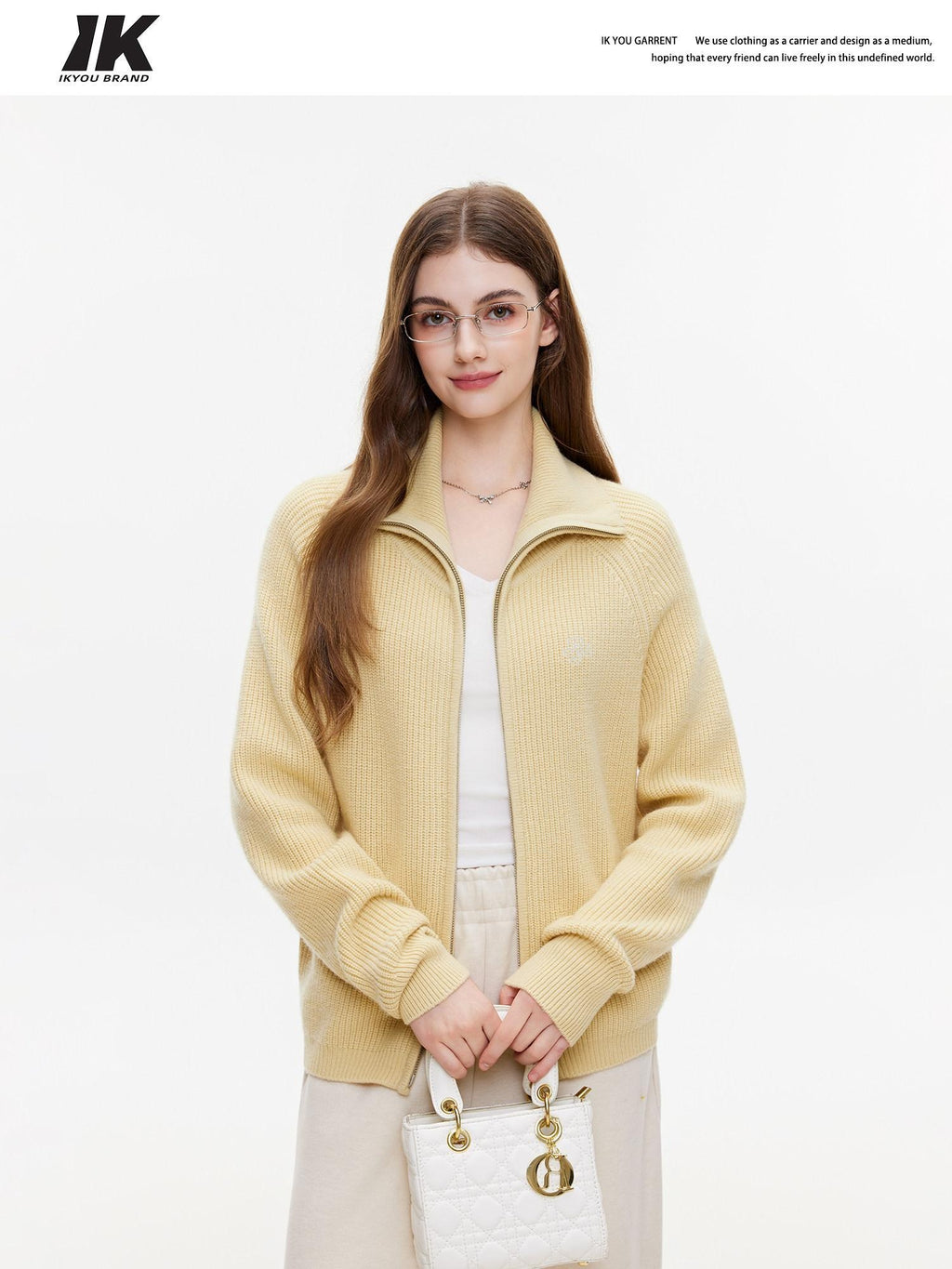 ikyou Warm Zipper Stand Collar Loose Knit Commuter Yellow Wool Blend Cardigans