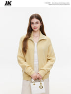 ikyou Warm Zipper Stand Collar Loose Knit Commuter Yellow Wool Blend Cardigans