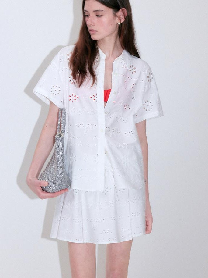 fano Pure Cotton Uv Korean Office Straight Short Sleeve Crew Neck Button Blouses