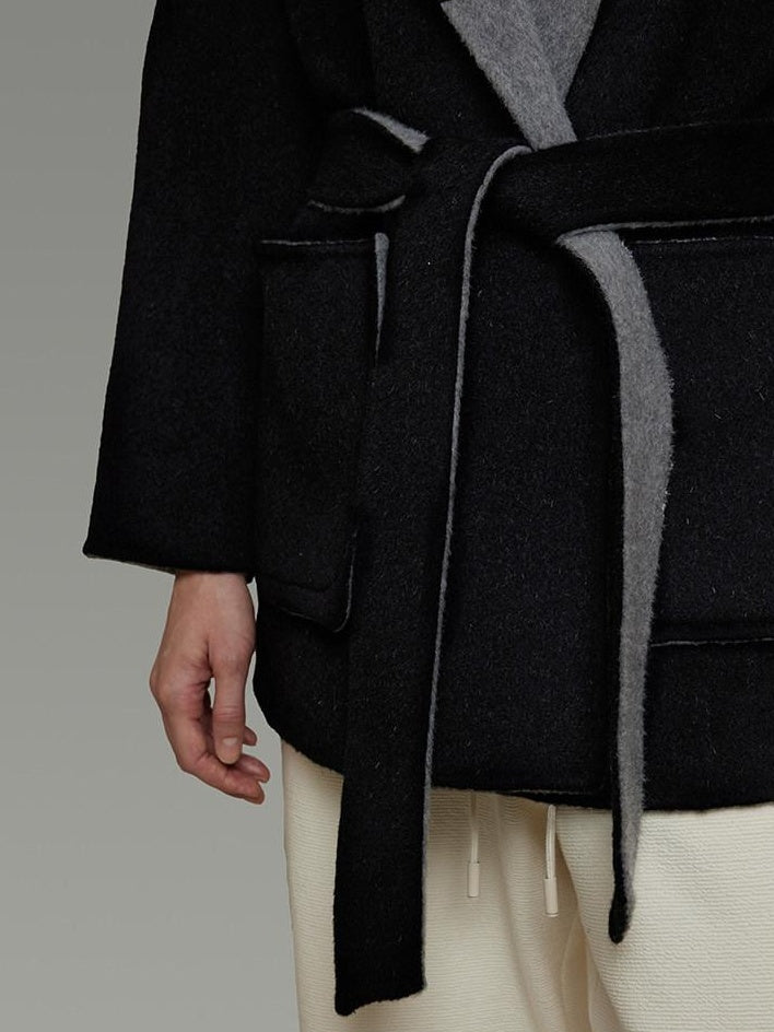 unspoken Minimal Commute Relaxed Fit Hooded Tie Waist Sculpted Cut Black Gray Wool Coats