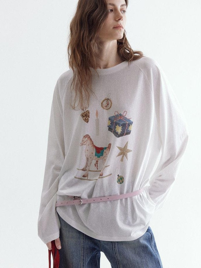 fano Cotton Blend Printed Crewneck Loose Fit Women White Long Sleeve T-Shirts