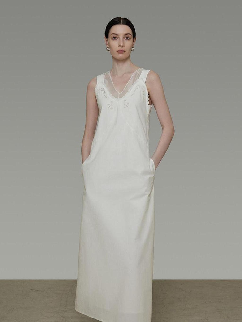unspoken Soft 100 Percent Cotton Crochet V-neck Sleeveless Office White Maxi Dresses